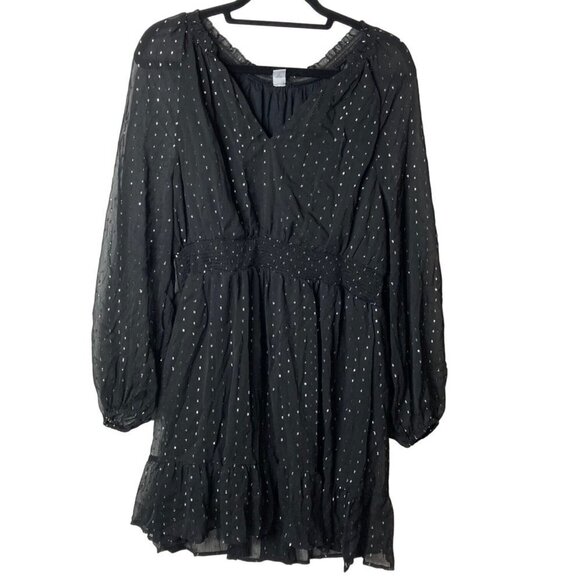 Old Navy Black Metallic Silver‎ Balloon Sleeve Dress Sz L Dressy Chiffon Boho - Picture 1 of 7